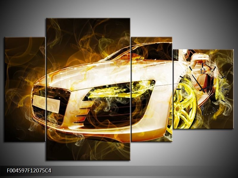 Klok schilderij Audi | Geel, Wit, Groen | 120x75cm 4Luik