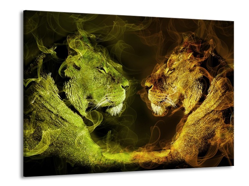 Canvas schilderij Leeuw | Geel, Wit, Groen | 100x70cm 1Luik