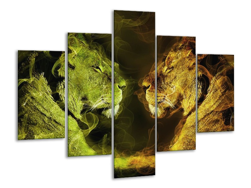 Canvas schilderij Leeuw | Geel, Wit, Groen | 100x70cm 5Luik
