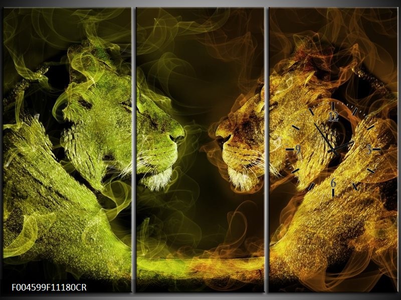 Klok schilderij Leeuw | Geel, Wit, Groen | 111x80cm 3Luik