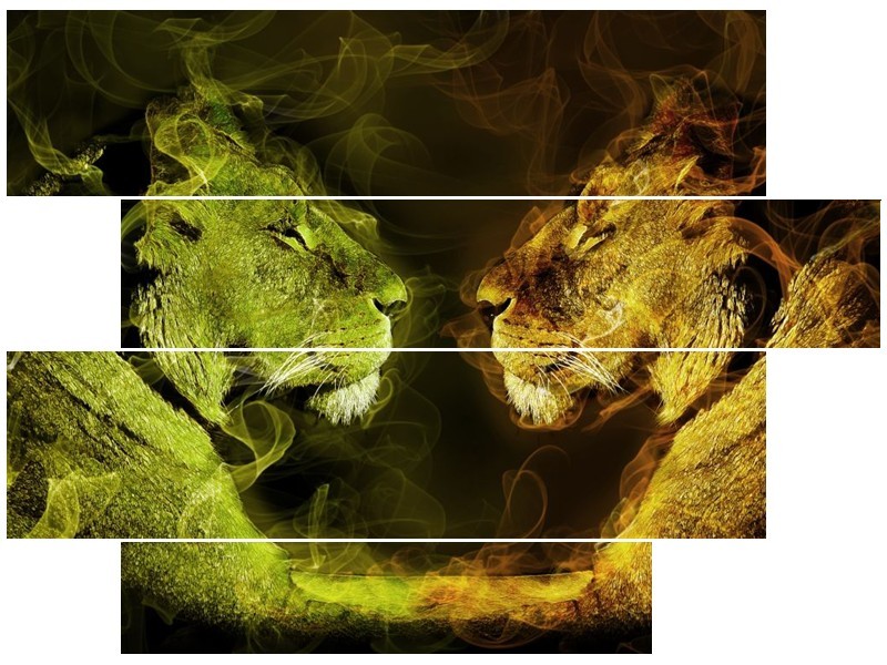 Canvas schilderij Leeuw | Geel, Wit, Groen | 115x85cm 4Luik
