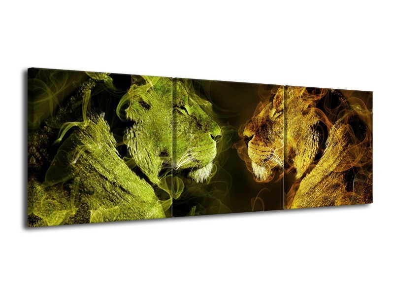 Canvas schilderij Leeuw | Geel, Wit, Groen | 120x40cm 3Luik