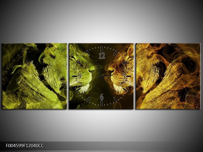 Klok schilderij Leeuw | Geel, Wit, Groen | 120x40cm 3Luik