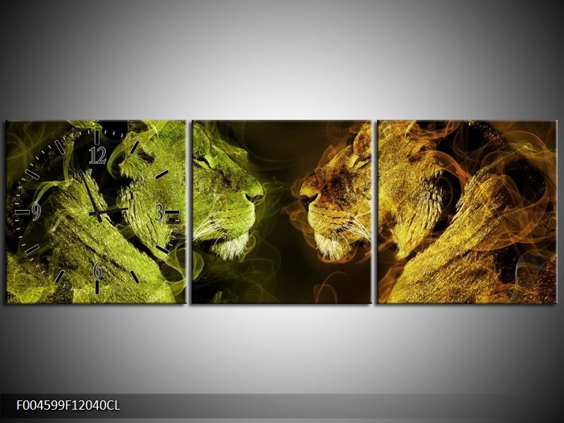 Klok schilderij Leeuw | Geel, Wit, Groen | 120x40cm 3Luik