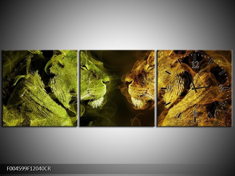 Klok schilderij Leeuw | Geel, Wit, Groen | 120x40cm 3Luik