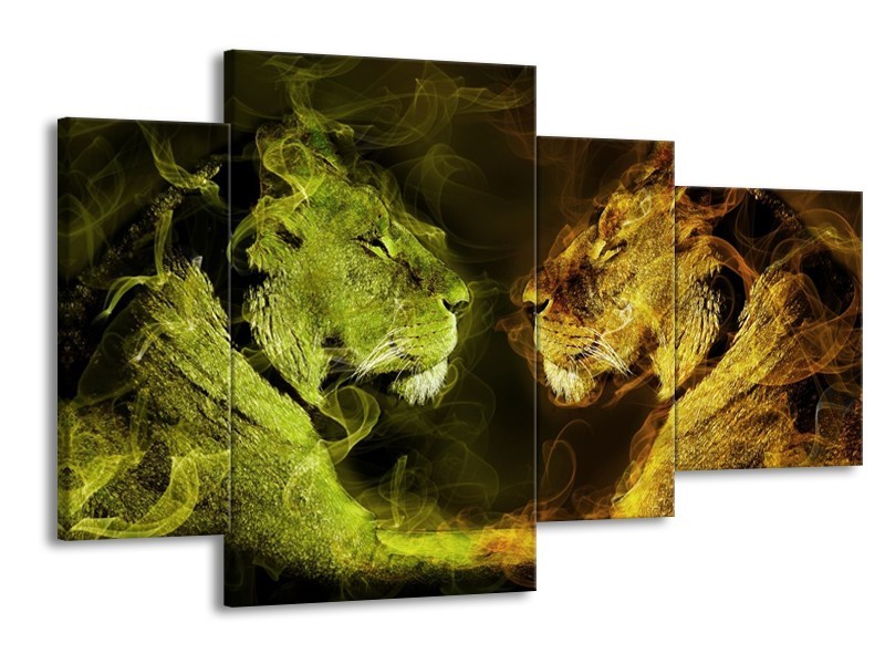 Canvas schilderij Leeuw | Geel, Wit, Groen | 120x75cm 4Luik