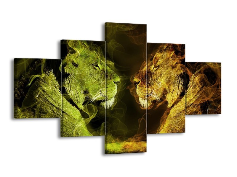 Canvas schilderij Leeuw | Geel, Wit, Groen | 125x70cm 5Luik