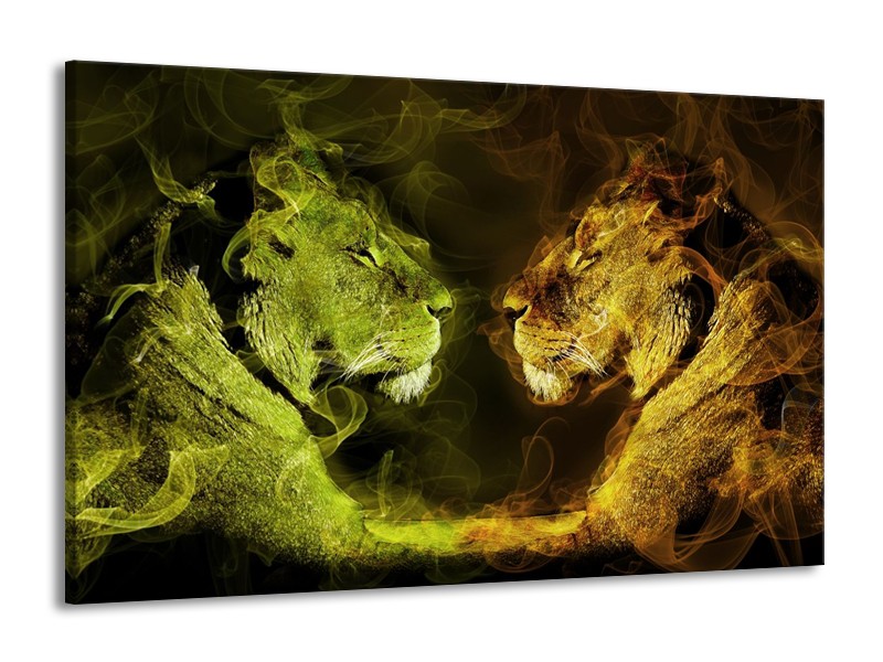 Glas schilderij Leeuw | Geel, Wit, Groen | 140x90cm 1Luik
