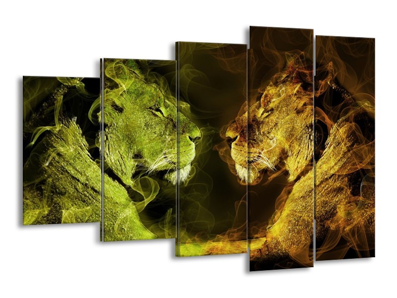 Canvas schilderij Leeuw | Geel, Wit, Groen | 150x100cm 5Luik