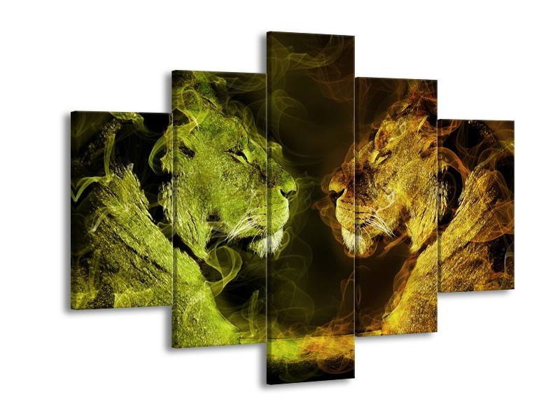 Glas schilderij Leeuw | Geel, Wit, Groen | 150x105cm 5Luik