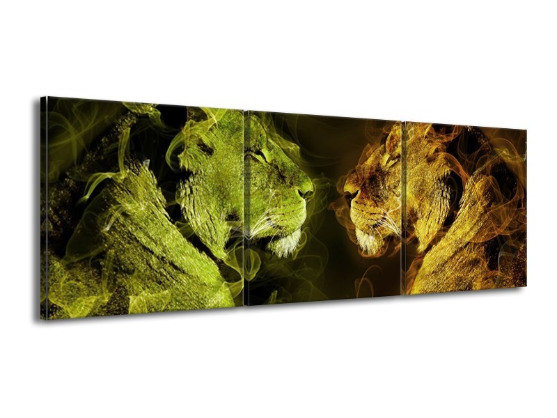 Canvas schilderij Leeuw | Geel, Wit, Groen | 150x50cm 3Luik
