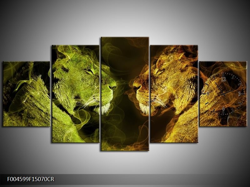 Klok schilderij Leeuw | Geel, Wit, Groen | 150x70cm 5Luik