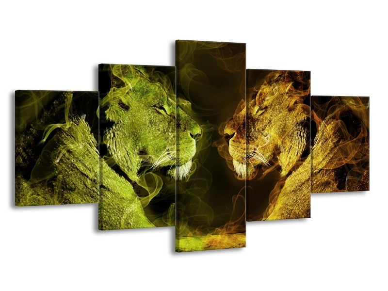 Canvas schilderij Leeuw | Geel, Wit, Groen | 150x80cm 5Luik