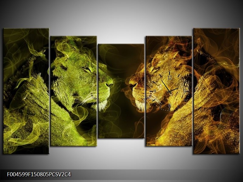 Klok schilderij Leeuw | Geel, Wit, Groen | 150x80cm 5Luik