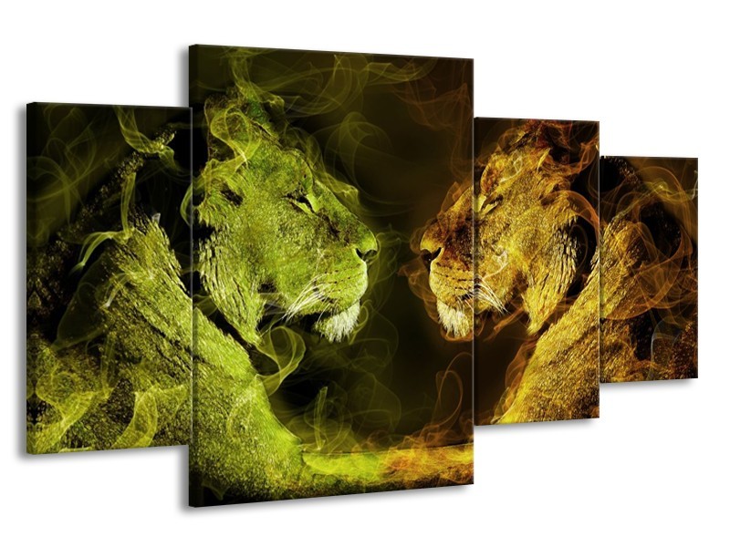 Canvas schilderij Leeuw | Geel, Wit, Groen | 160x90cm 4Luik
