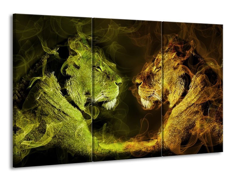 Canvas schilderij Leeuw | Geel, Wit, Groen | 165x100cm 3Luik