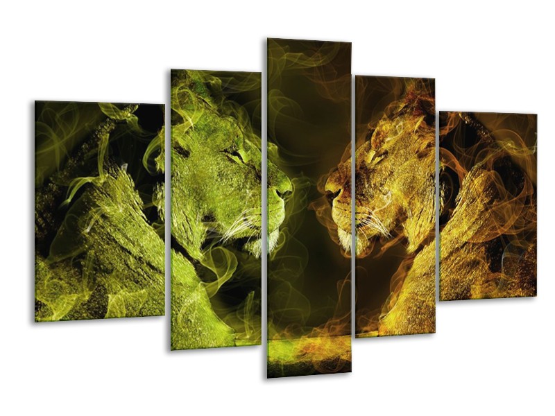 Canvas schilderij Leeuw | Geel, Wit, Groen | 170x100cm 5Luik