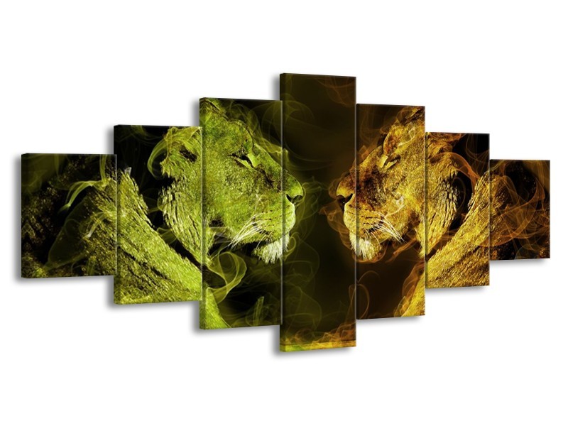 Canvas schilderij Leeuw | Geel, Wit, Groen | 210x100cm 7Luik