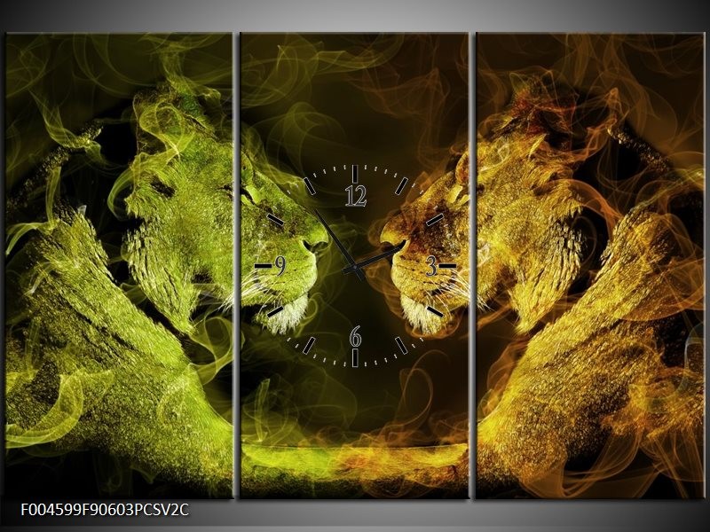 Klok schilderij Leeuw | Geel, Wit, Groen | 90x60cm 3Luik