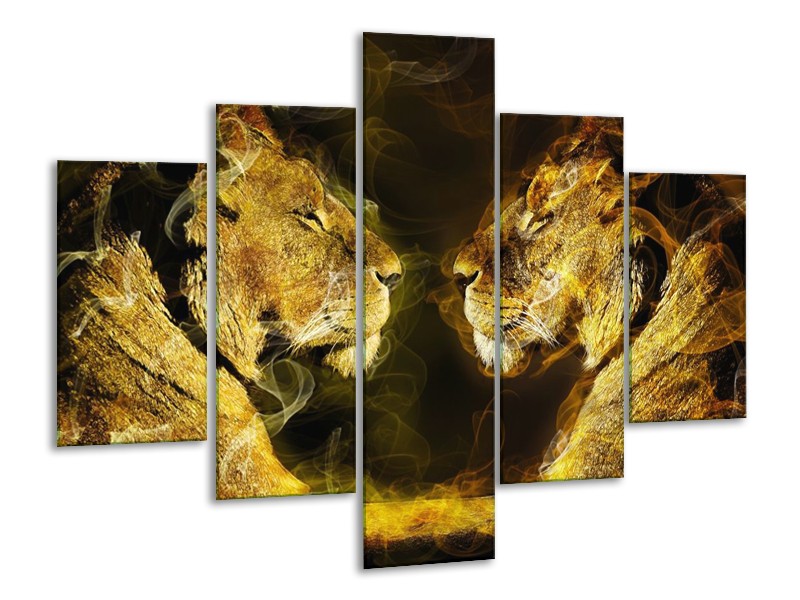 Canvas schilderij Leeuw | Geel, Wit, Groen | 100x70cm 5Luik