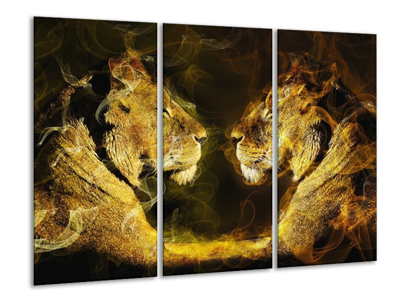 Canvas schilderij Leeuw | Geel, Wit, Groen | 120x80cm 3Luik