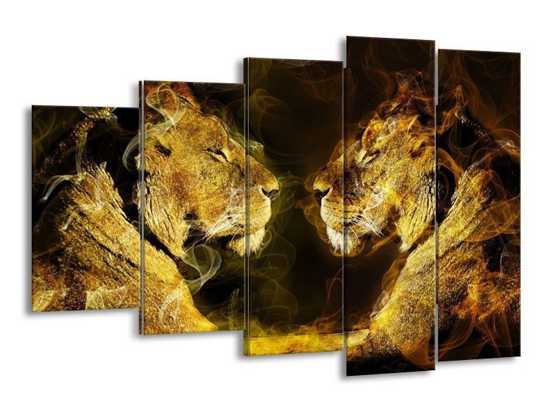 Canvas schilderij Leeuw | Geel, Wit, Groen | 150x100cm 5Luik