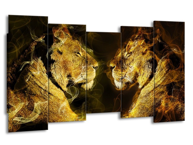 Canvas schilderij Leeuw | Geel, Wit, Groen | 150x80cm 5Luik