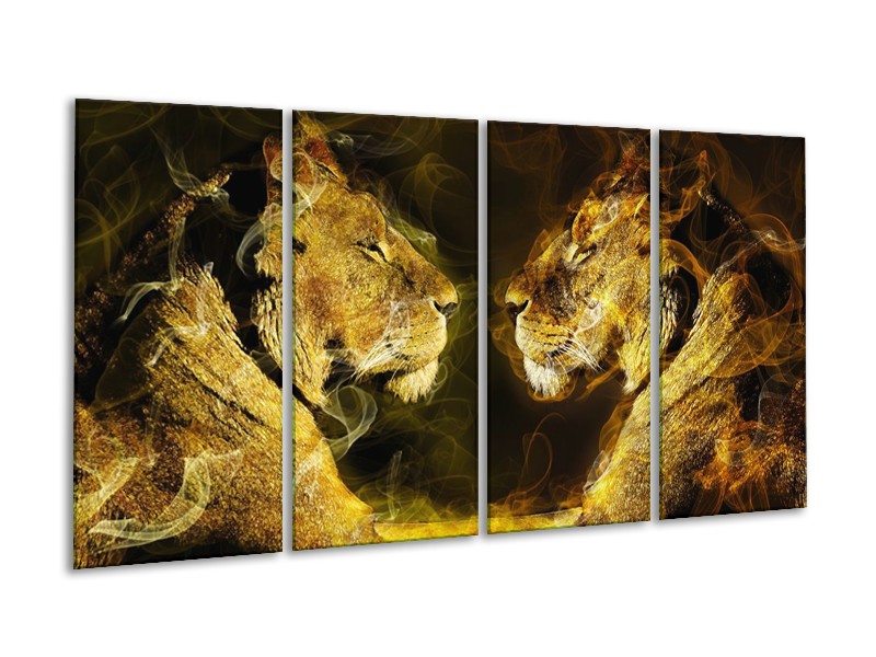 Canvas schilderij Leeuw | Geel, Wit, Groen | 160x80cm 4Luik