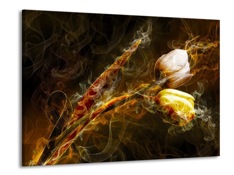 Canvas schilderij Tulp | Geel, Wit, Groen | 100x70cm 1Luik