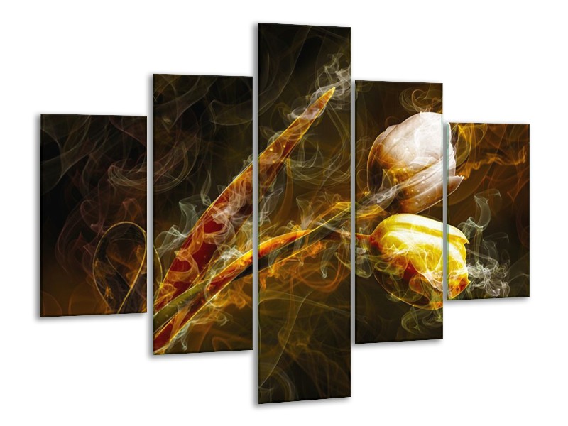 Canvas schilderij Tulp | Geel, Wit, Groen | 100x70cm 5Luik