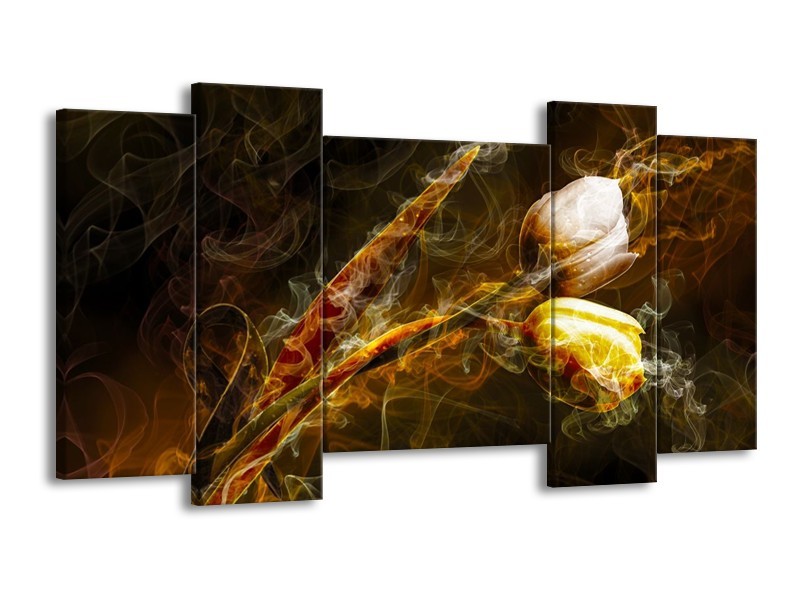 Canvas schilderij Tulp | Geel, Wit, Groen | 120x65 5Luik