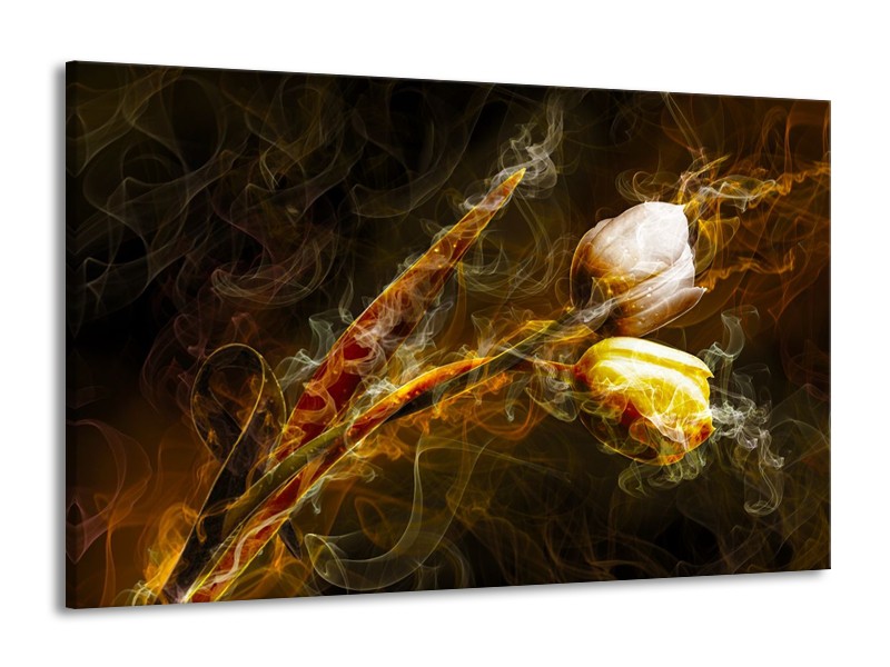 Canvas schilderij Tulp | Geel, Wit, Groen | 140x90cm 1Luik