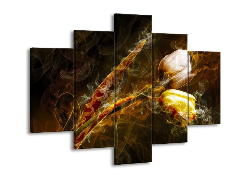 Canvas schilderij Tulp | Geel, Wit, Groen | 150x105cm 5Luik
