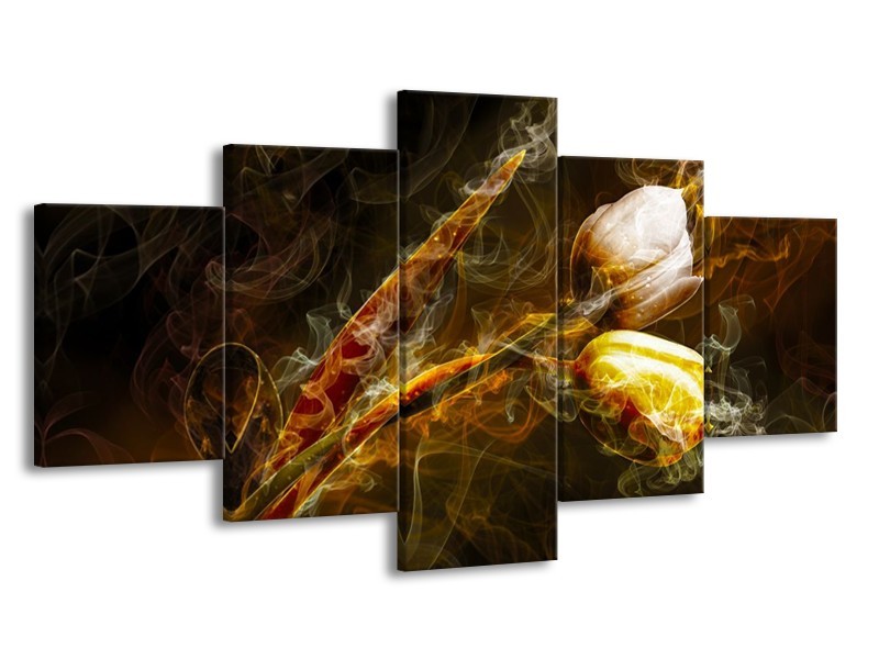 Canvas schilderij Tulp | Geel, Wit, Groen | 150x80cm 5Luik