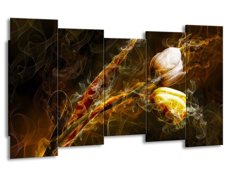 Canvas schilderij Tulp | Geel, Wit, Groen | 150x80cm 5Luik