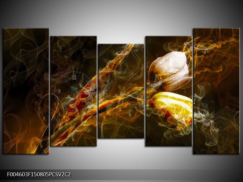 Klok schilderij Tulp | Geel, Wit, Groen | 150x80cm 5Luik