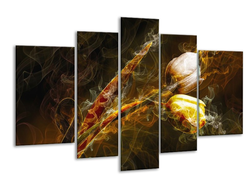 Canvas schilderij Tulp | Geel, Wit, Groen | 170x100cm 5Luik