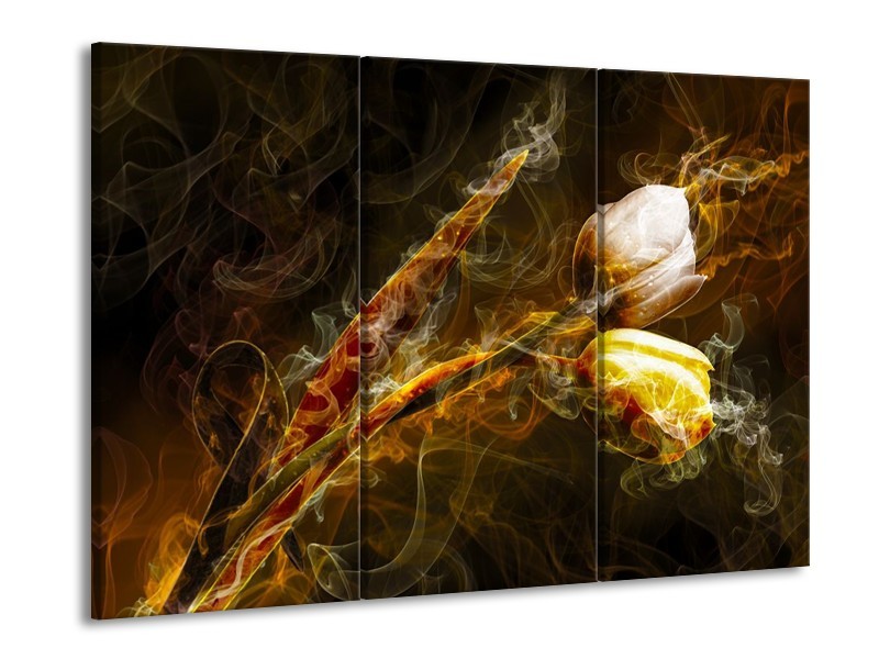 Canvas schilderij Tulp | Geel, Wit, Groen | 90x60cm 3Luik