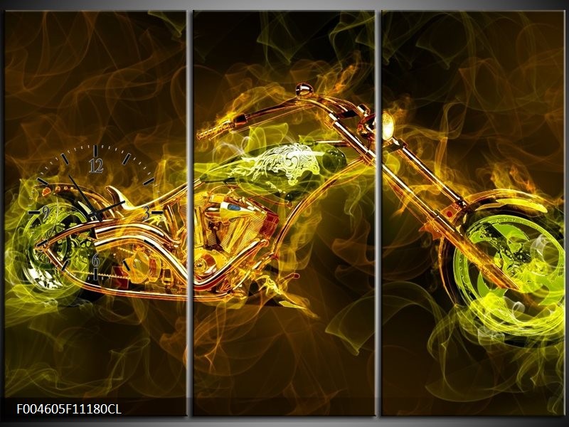 Klok schilderij Motor | Geel, Wit, Groen | 111x80cm 3Luik