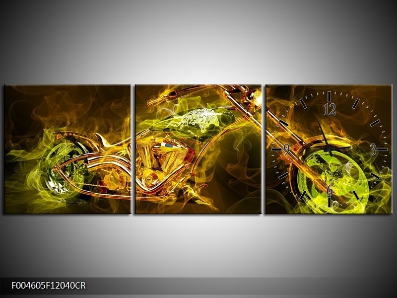 Klok schilderij Motor | Geel, Wit, Groen | 120x40cm 3Luik