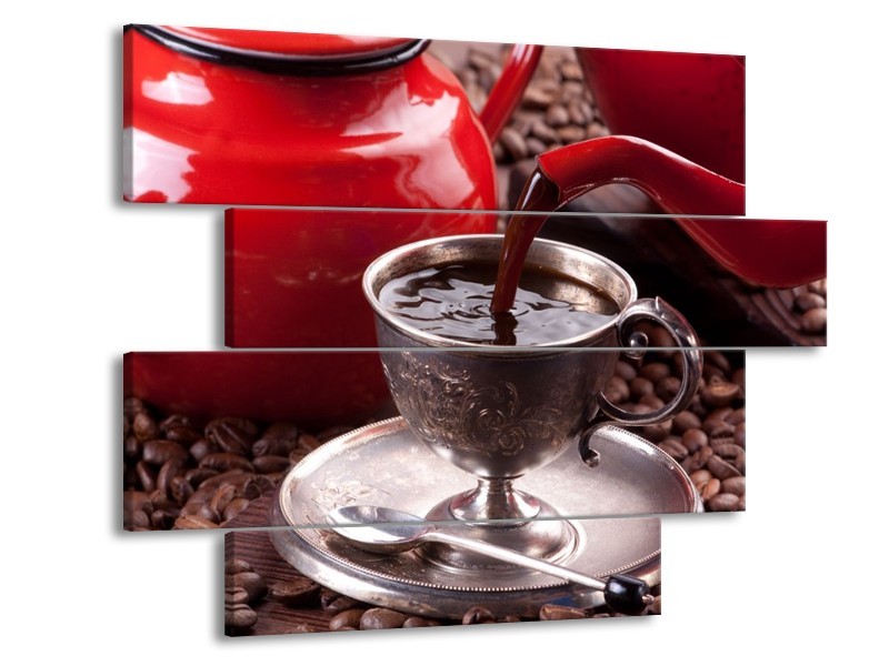 Canvas schilderij Koffie | Rood, Bruin, Wit | 115x85cm 4Luik