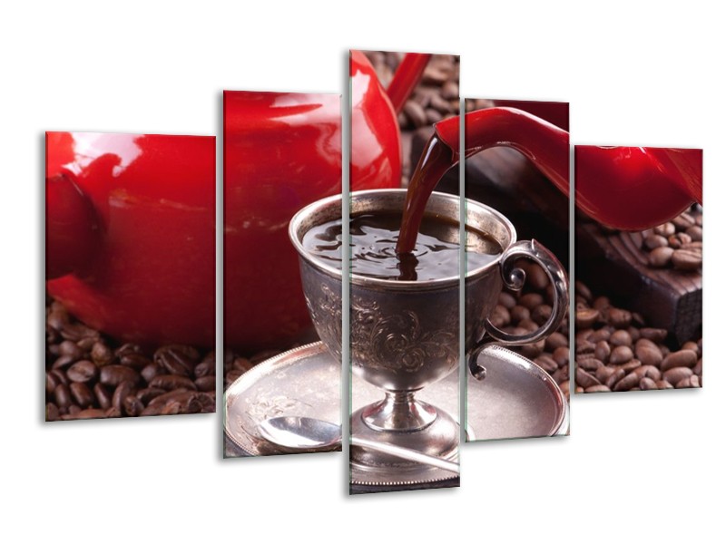 Canvas schilderij Koffie | Rood, Bruin, Wit | 170x100cm 5Luik
