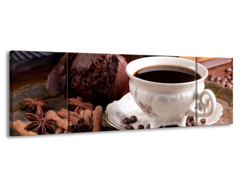 Canvas schilderij Koffie | Wit, Bruin | 170x50cm 3Luik