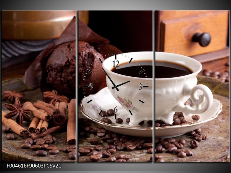 Klok schilderij Koffie | Wit, Bruin | 90x60cm 3Luik