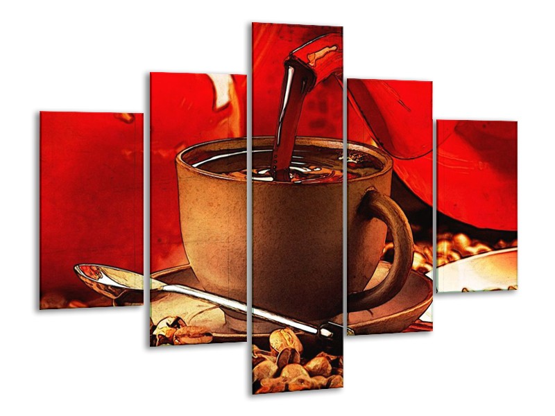 Canvas schilderij Koffie | Wit, Bruin, Rood | 100x70cm 5Luik