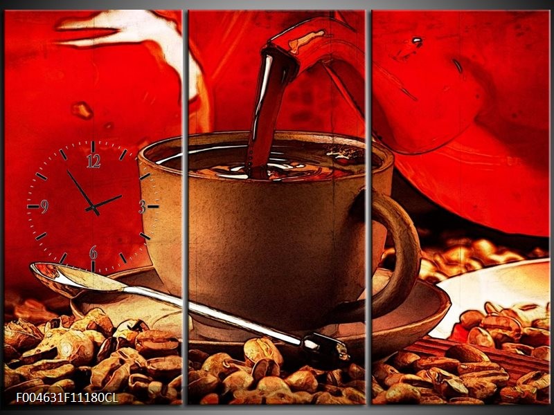 Klok schilderij Koffie | Wit, Bruin, Rood | 111x80cm 3Luik