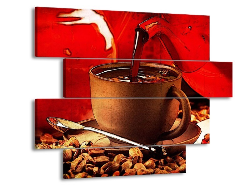 Canvas schilderij Koffie | Wit, Bruin, Rood | 115x85cm 4Luik