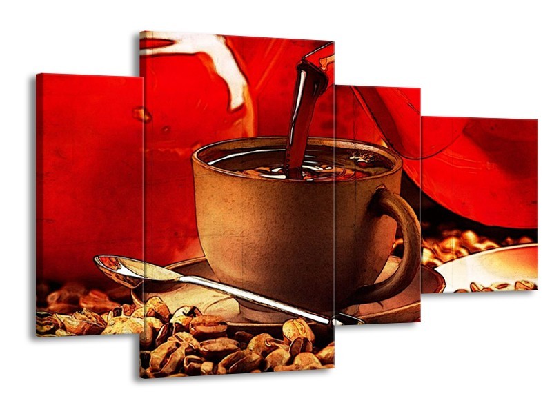 Canvas schilderij Koffie | Wit, Bruin, Rood | 120x75cm 4Luik