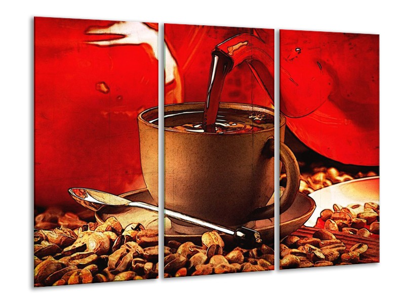 Canvas schilderij Koffie | Wit, Bruin, Rood | 120x80cm 3Luik