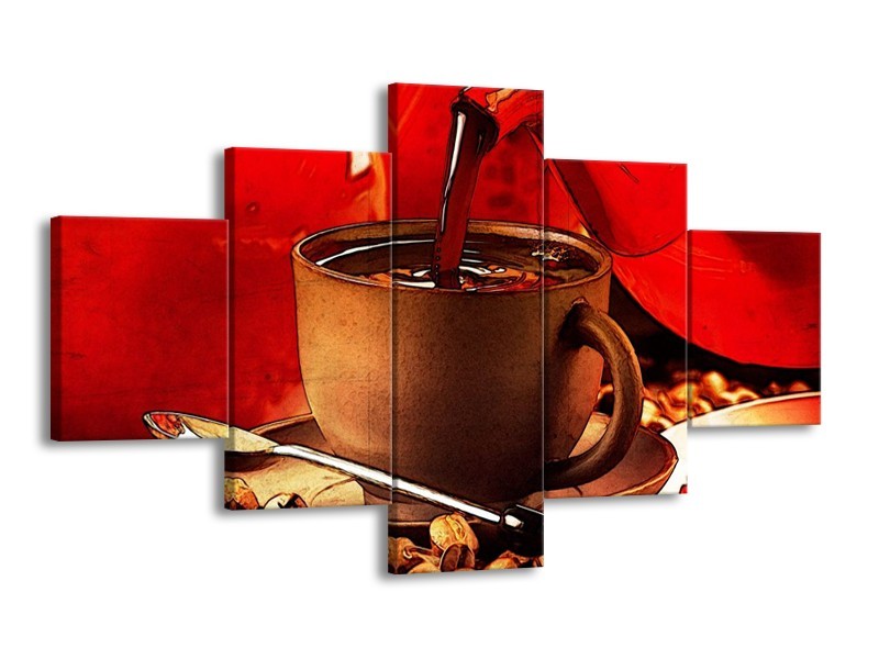Canvas schilderij Koffie | Wit, Bruin, Rood | 125x70cm 5Luik